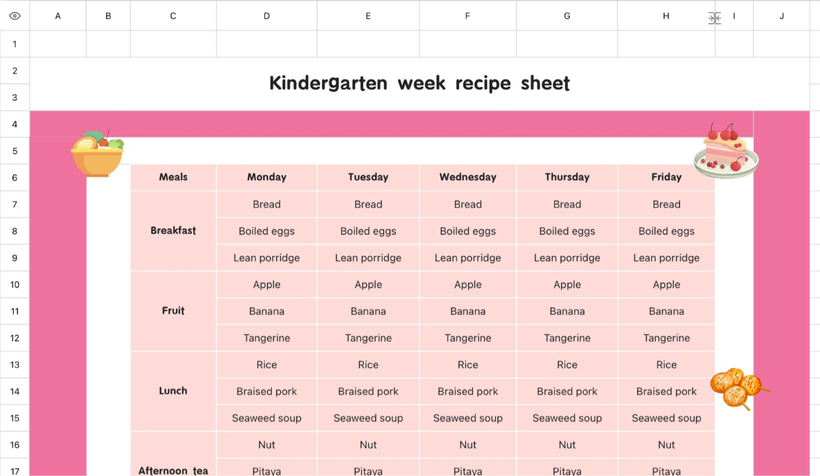 Weekly recipe list for kindergarten